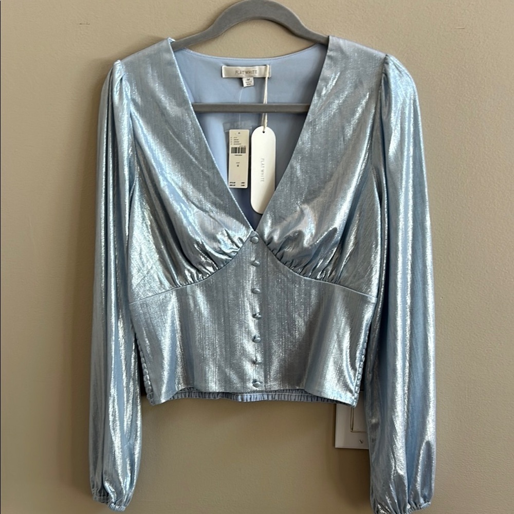 Anthropologie Flat White Blue Shine Blouse Shimmer Long Sleeve NWT Size Medium